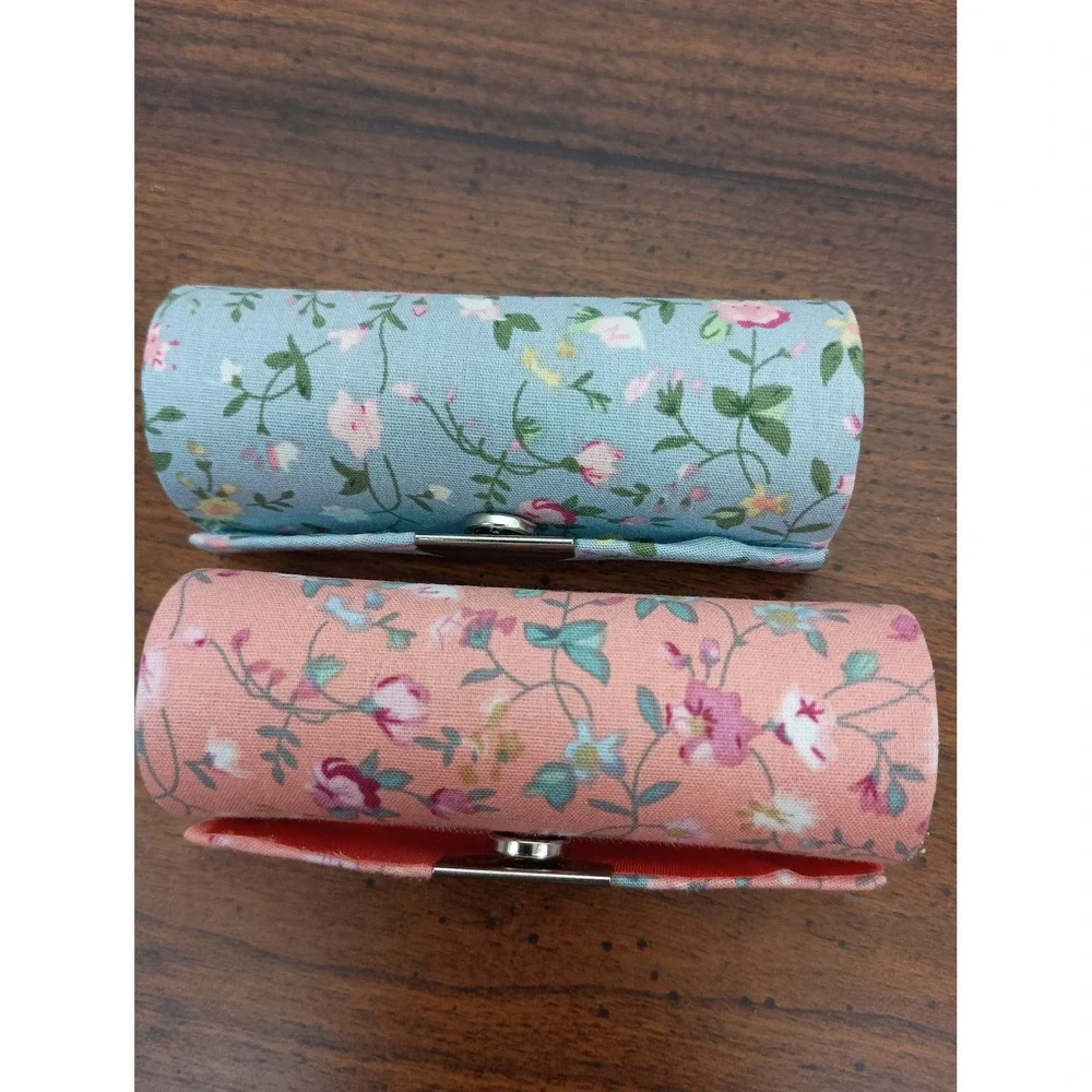 Blue pink floral snap chapstick lipstick cosmetic case with mirror